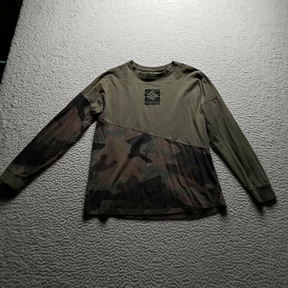 Columbia Shirt Mens Small Green Camo Colorblock Long Sleeve Tagless Jersey Tee